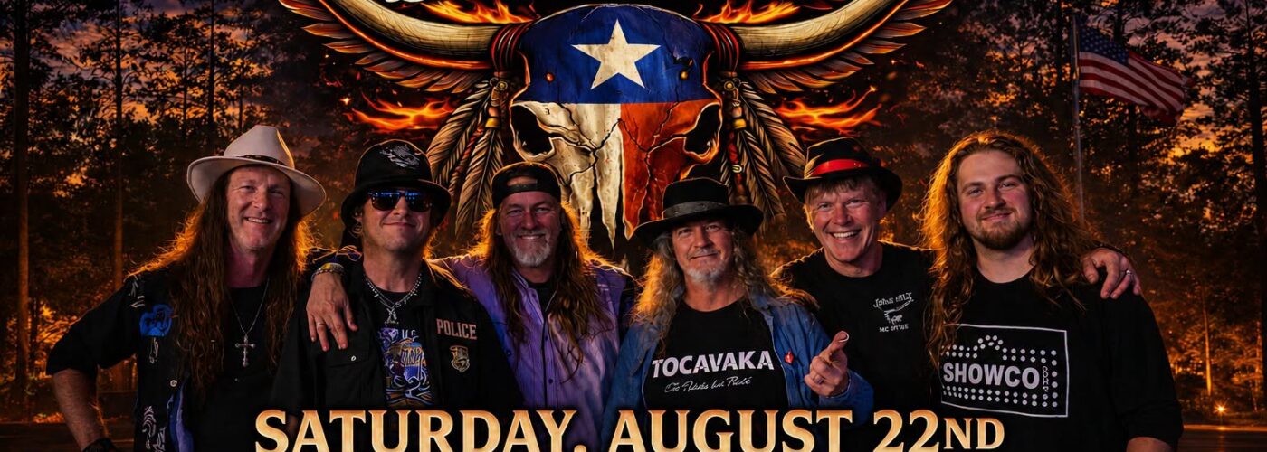 Event poster for Lone Star Skynyrd with six band members before a fiery skull logo; date Saturday, August 22, doors 6 PM, Vapors Live venue.