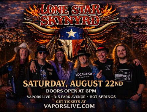 Event poster for Lone Star Skynyrd with six band members before a fiery skull logo; date Saturday, August 22, doors 6 PM, Vapors Live venue.