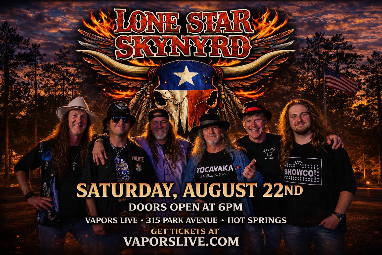 Event poster for Lone Star Skynyrd with six band members before a fiery skull logo; date Saturday, August 22, doors 6 PM, Vapors Live venue.