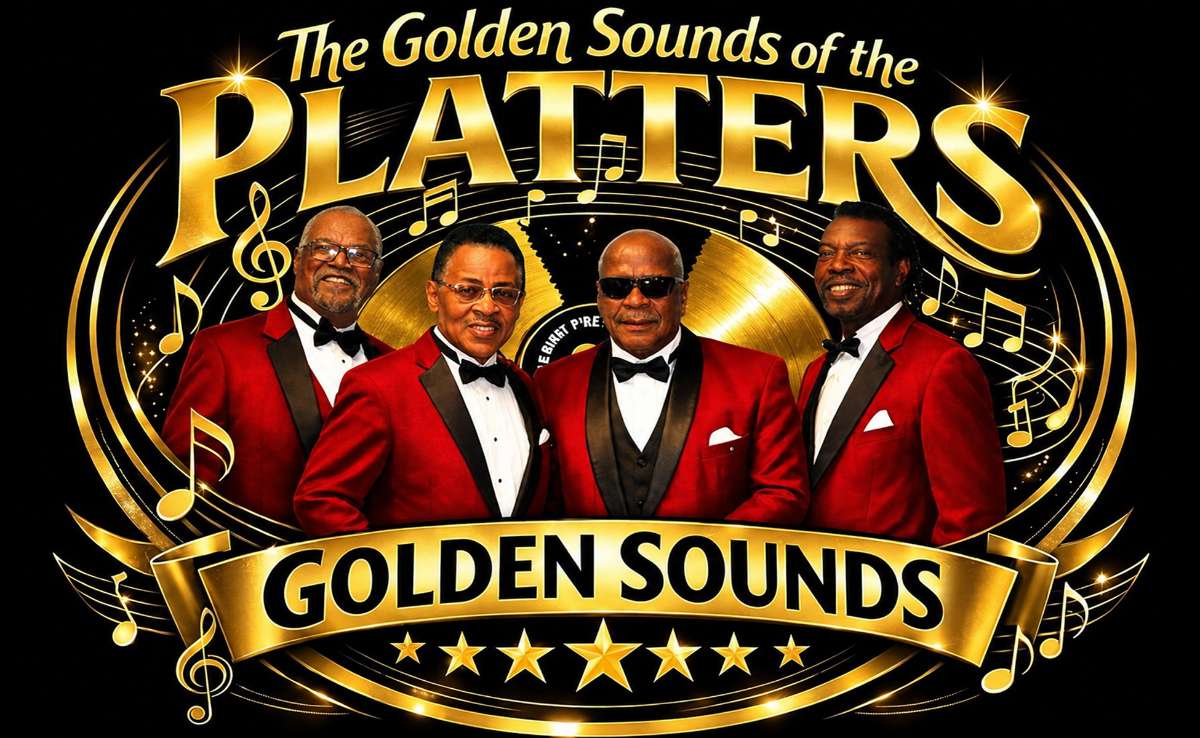 bc546ed669bbc4add2fe059eda177b84 - Vapors Live Poster advertising The Platters' tribute group, featuring four men in red tuxedos, gold musical notes, and a gold banner reading 'Golden Sounds'.