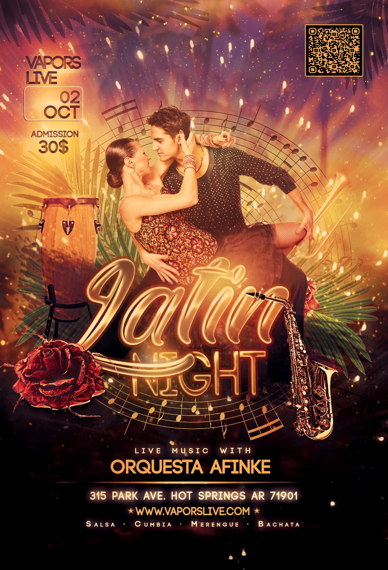 0bb75fa7-a857-4dad-af9b-8258390bafd8 - Vapors Live Poster for Vapors Live Latin Night showing a dancing couple amid warm orange glow, drums, saxophone, roses, and musical notes, with a QR code in the corner.