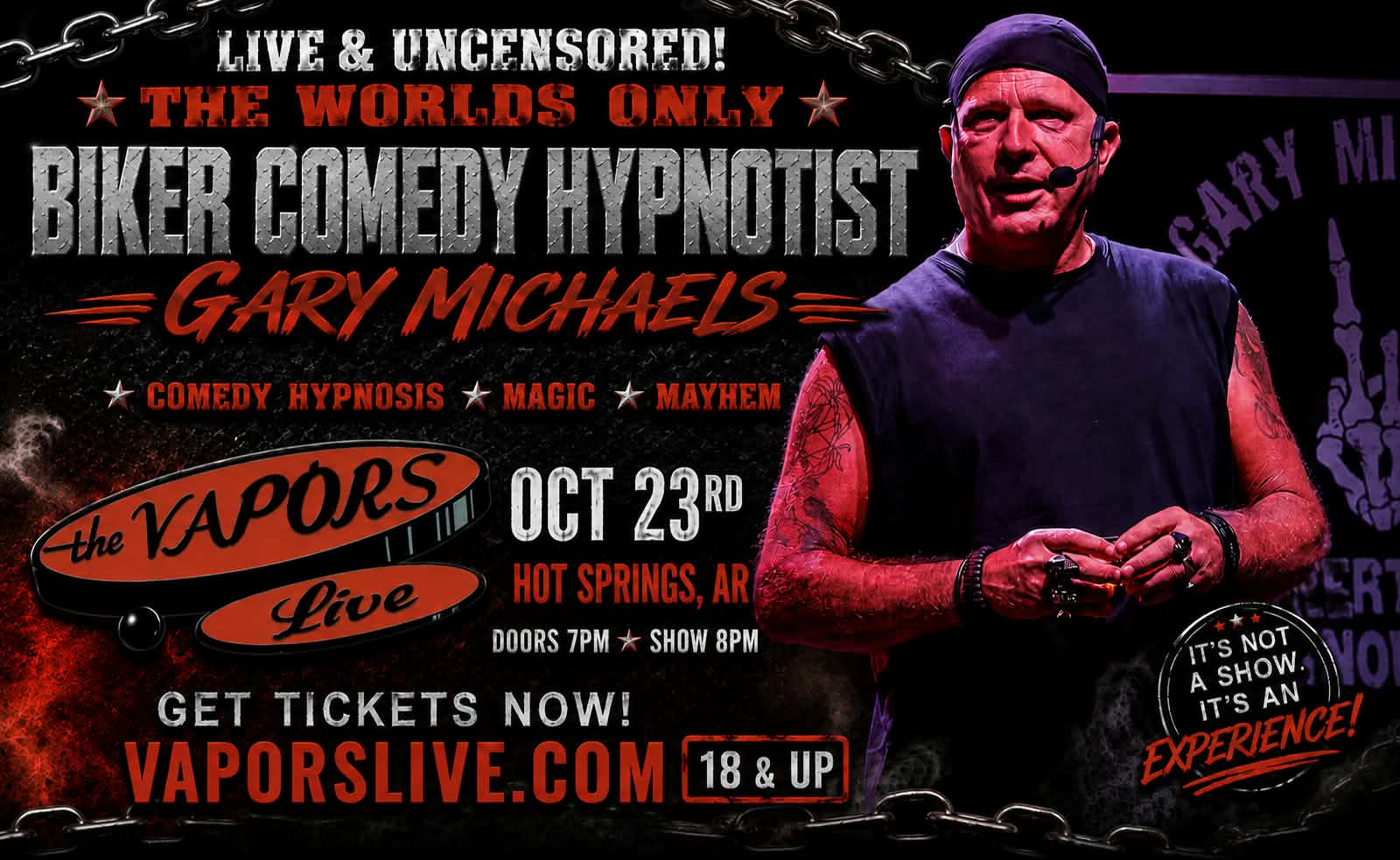 Promotional poster for Gary Michaels, a biker comedy hypnotist, performing live with The Vapors Live on Oct 23 in Hot Springs, AR.