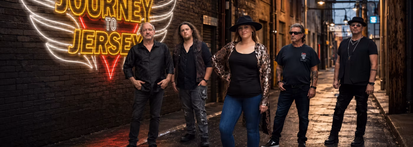 Five-member rock band posing in a wet brick alley at night, a neon 'Journey to Jersey' sign with angel wings looms behind them.