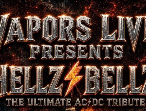 Poster-style title card: 'VAPOURS LIVE PRESENTS HELLZ BELLZ' with fiery, metallic fonts and sparks in the background, announcing an AC/DC tribute show.