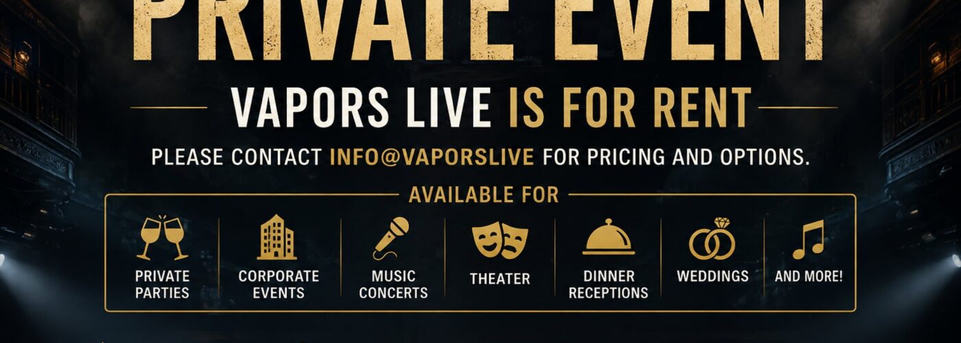 Dark promotional poster for private events with gold lettering; lists services like private parties, corporate events, music, theater, dinner, weddings (venue for rent).