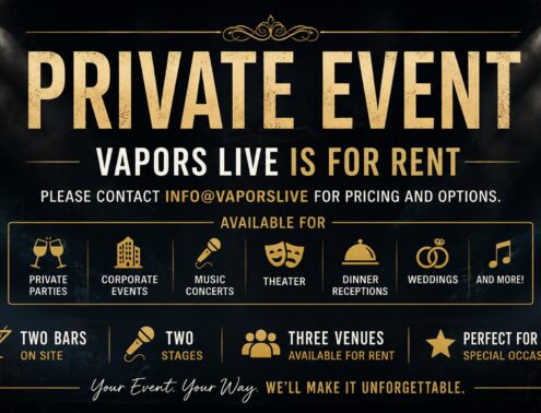 Dark promotional poster for private events with gold lettering; lists services like private parties, corporate events, music, theater, dinner, weddings (venue for rent).