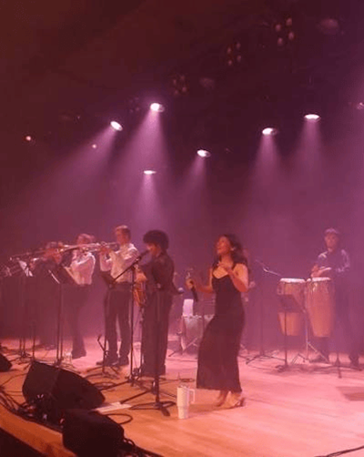 orquestra Afinke - Vapors Live Group of musicians performing on a stage with a female singer in a black dress under pink stage lights.