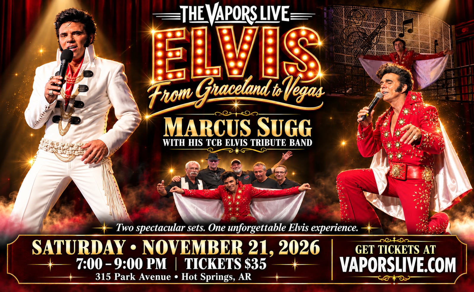 Poster for 'Elvis From Graceland to Vegas' tribute show featuring Marcus Sugg with TCB Elvis Tribute Band in a neon-lit stage setting.