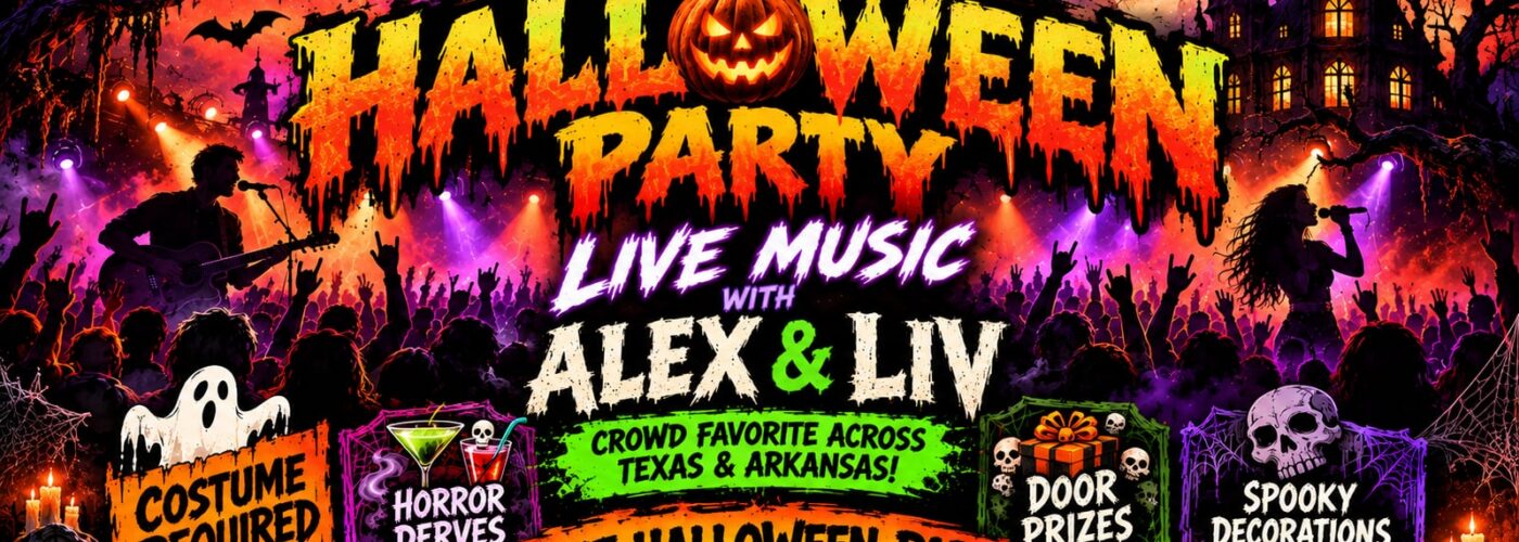 Colorful Halloween party poster for Vapor's Live 10th Annual Halloween Party with live music by Alex & Liv and a cheering crowd.